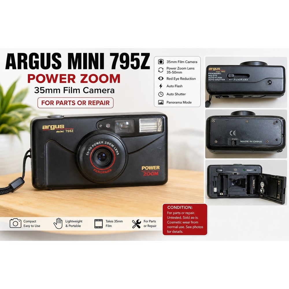 Argus Mini 795Z 35mm Film Camera Power Zoom Panorama Black for Parts Repair